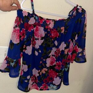 INC Flowing Floral Blouse Top Large Blue/Pink